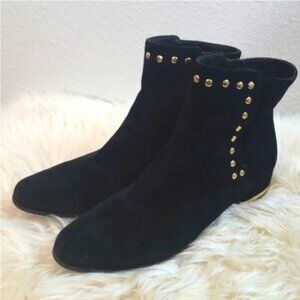 Neiman Marcus Suede Gold Studded Ankle Booties
